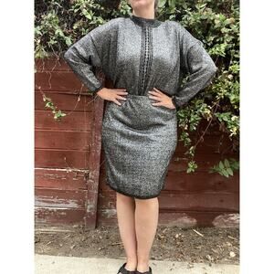 Vintage Black Lurex Silver Knit Sweater Skirt Set Size 2X